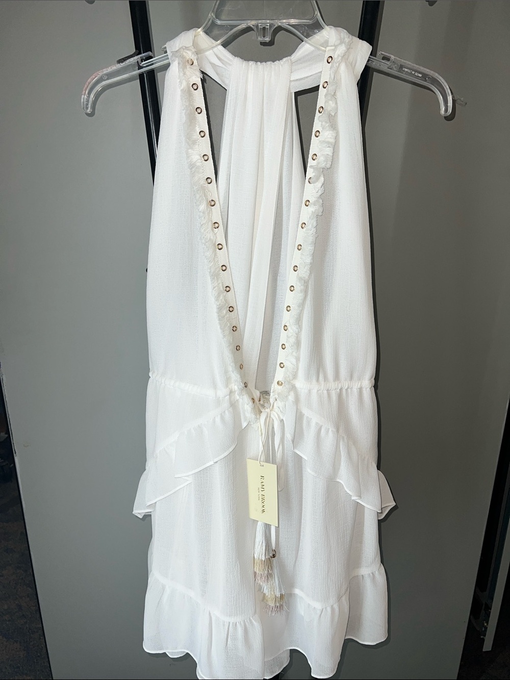 Ramy Brook White Halter Mini Dress with Tassel Tie and Stud Trim